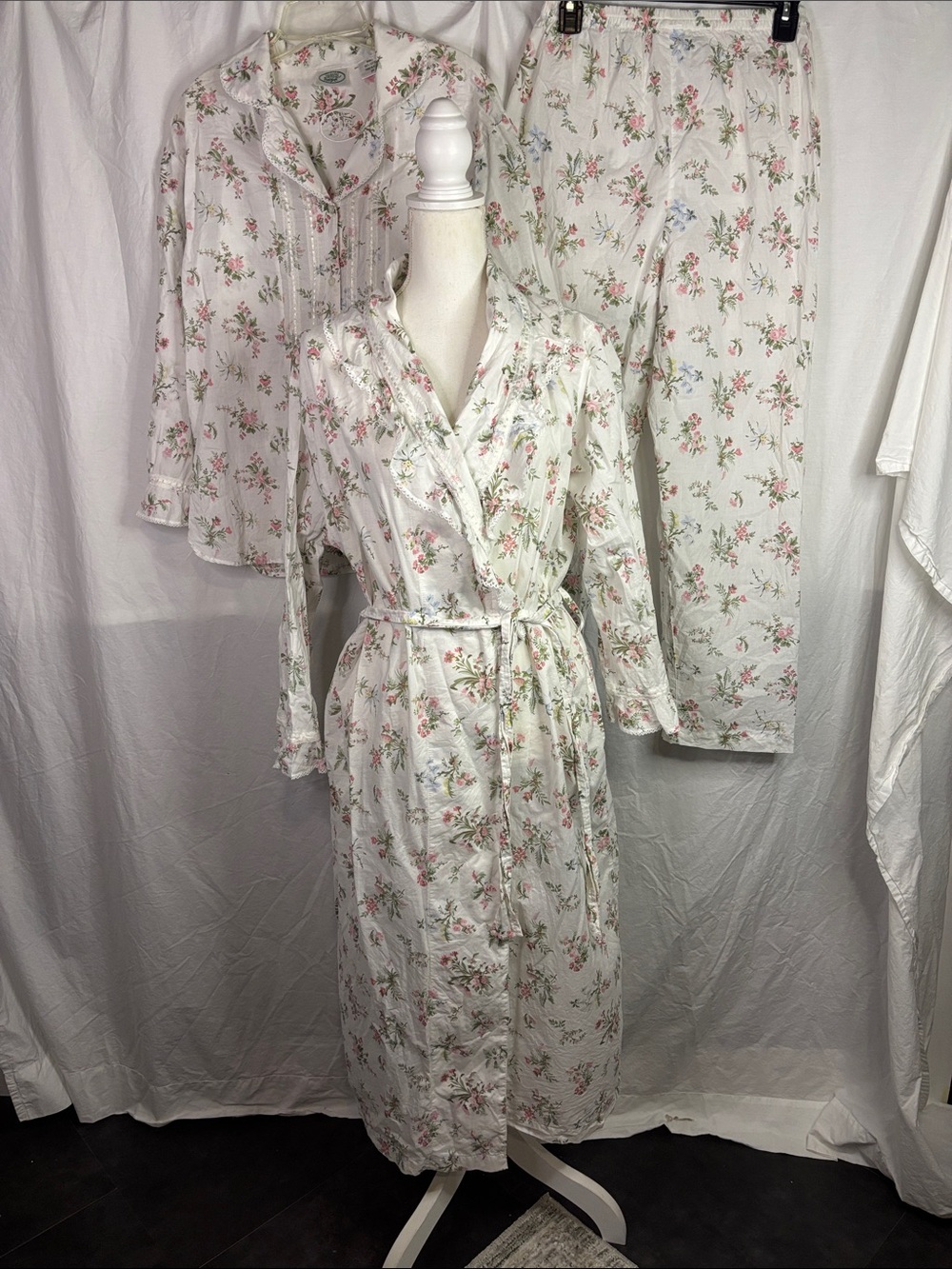 Vintage Laura Ashley White Floral Cotton Pajama Set with Matching Robe